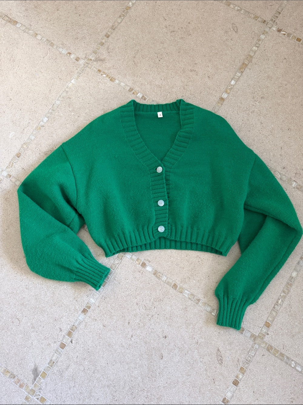 Green V-Neck Cropped Button Sweater